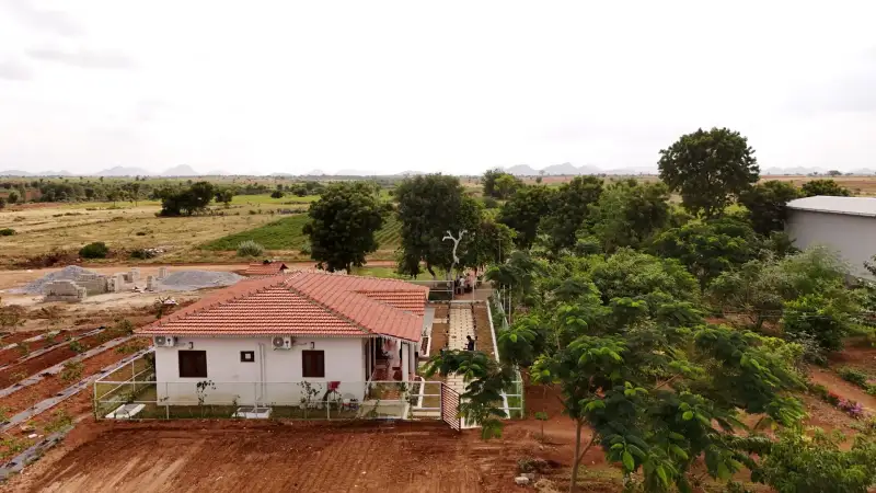 Tiled-roof farmhouse beside planted rows, with hills on the horizon