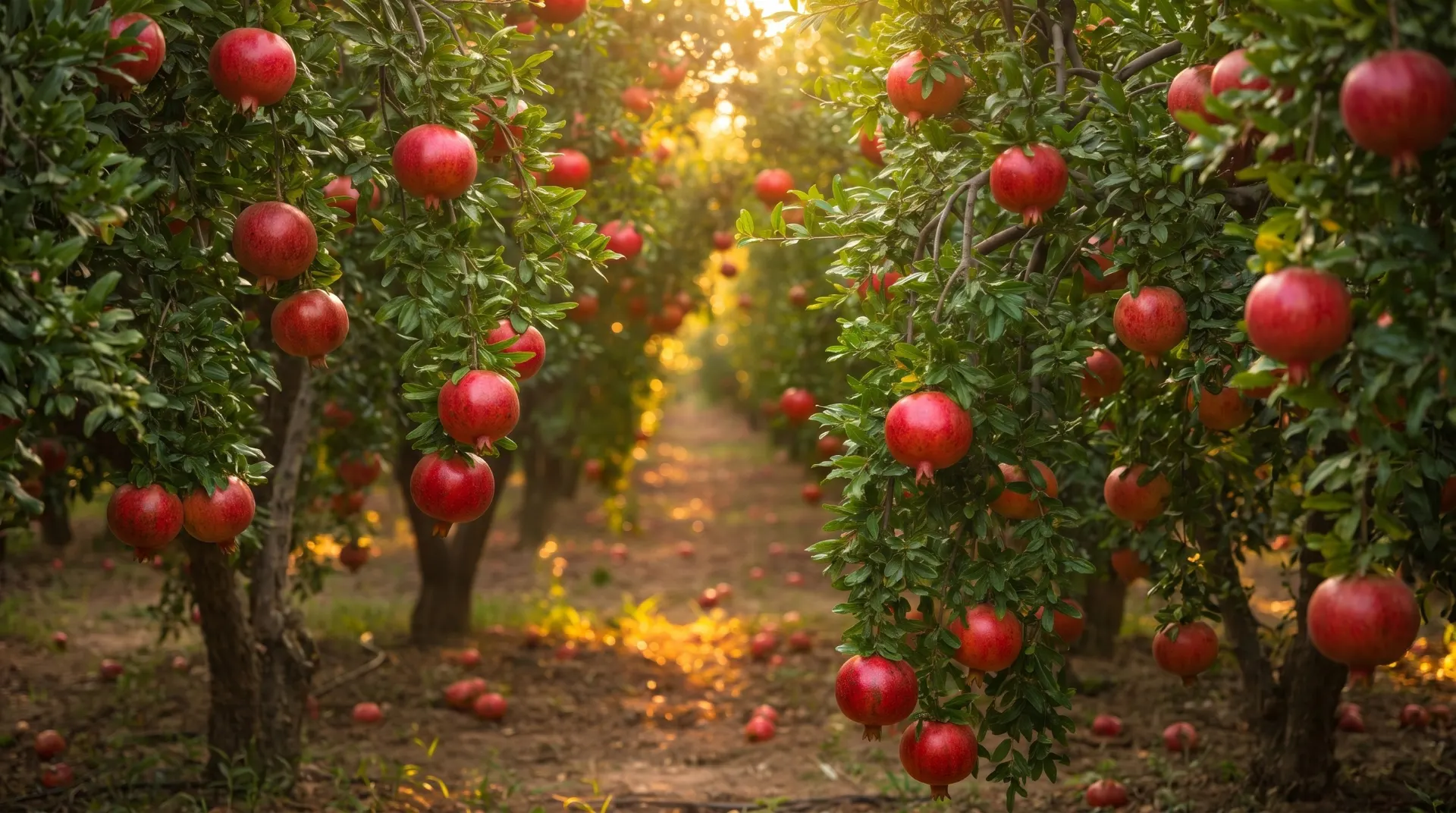 Rows of pomegranate trees heavy with ripe red fruit in evening light